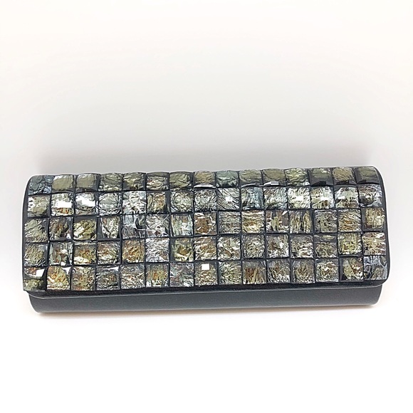 Metallic Black Leather Clutch w/Silver Chain NWOT - Picture 2 of 6